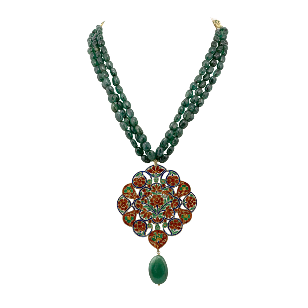 Three-Strand Zambian Emerald Necklace with Polki Pendant